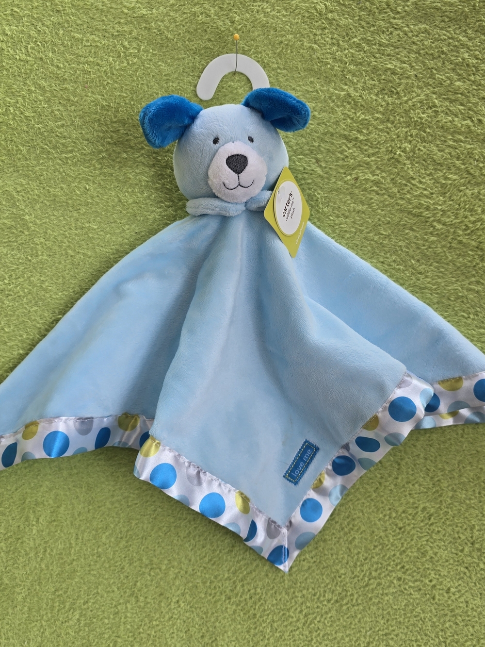 NWT MINT Carter's BABY Blue PUPPY DOG Lovey + Polka-Dot Trim LOVE ME unisex (Q5)